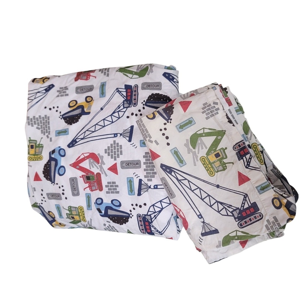 Pottery Barn Kids Queen Construction Flat Sheet Two Pillowcases Organic Cotton - Picture 3 of 5